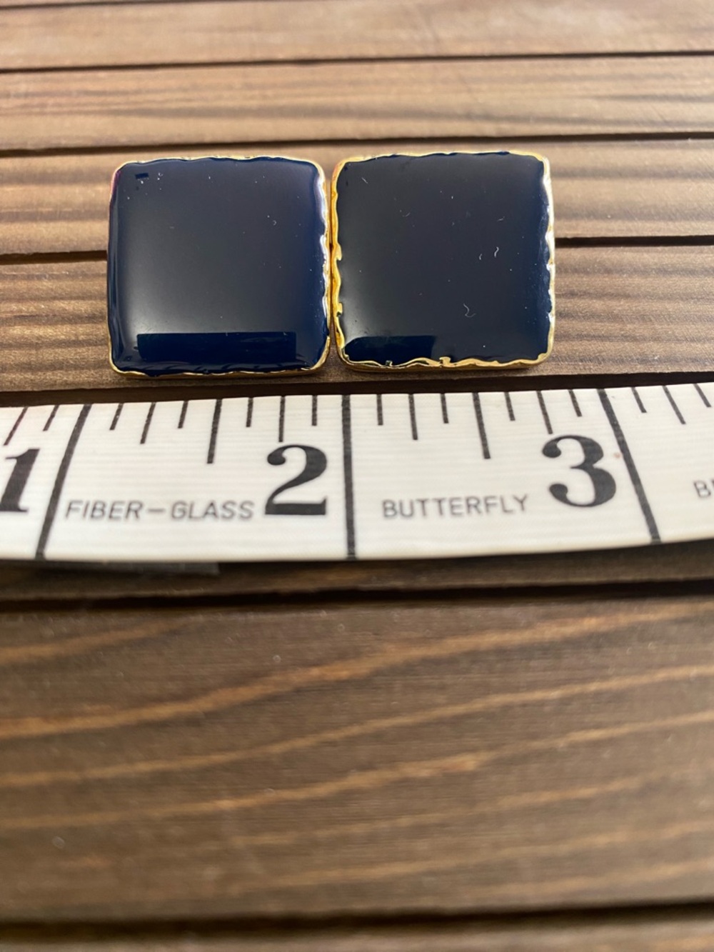 Vintage Navy Blue Square Statement Stud Earrings with Gold Trim